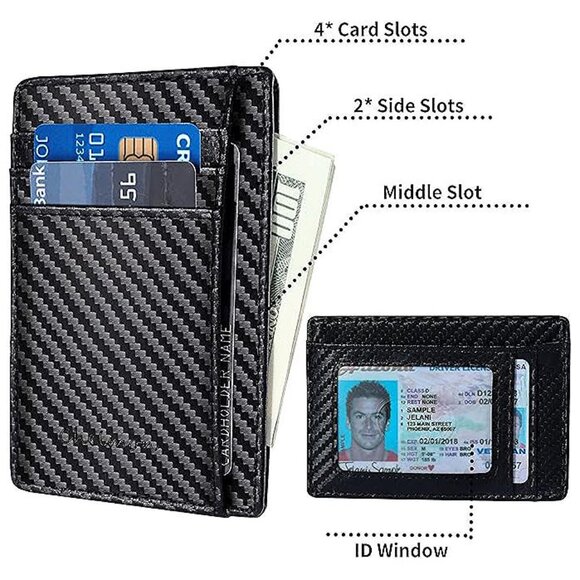 Slim Wallet for Men, Minimalist Front Pocket RFID Blocking Credit Black Carbon - Picture 2 of 8